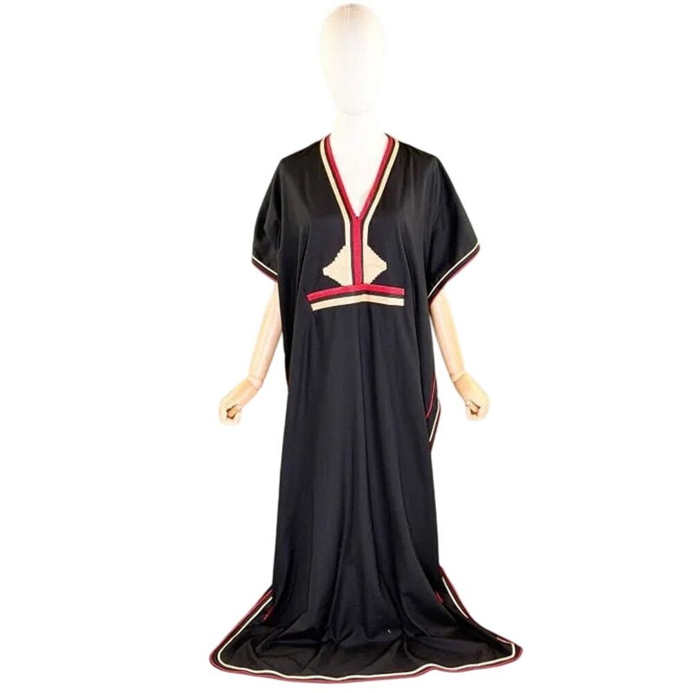 Vintage 70s Black Bohemian Caftan Dress Geometric Kimono Loungewear Gown